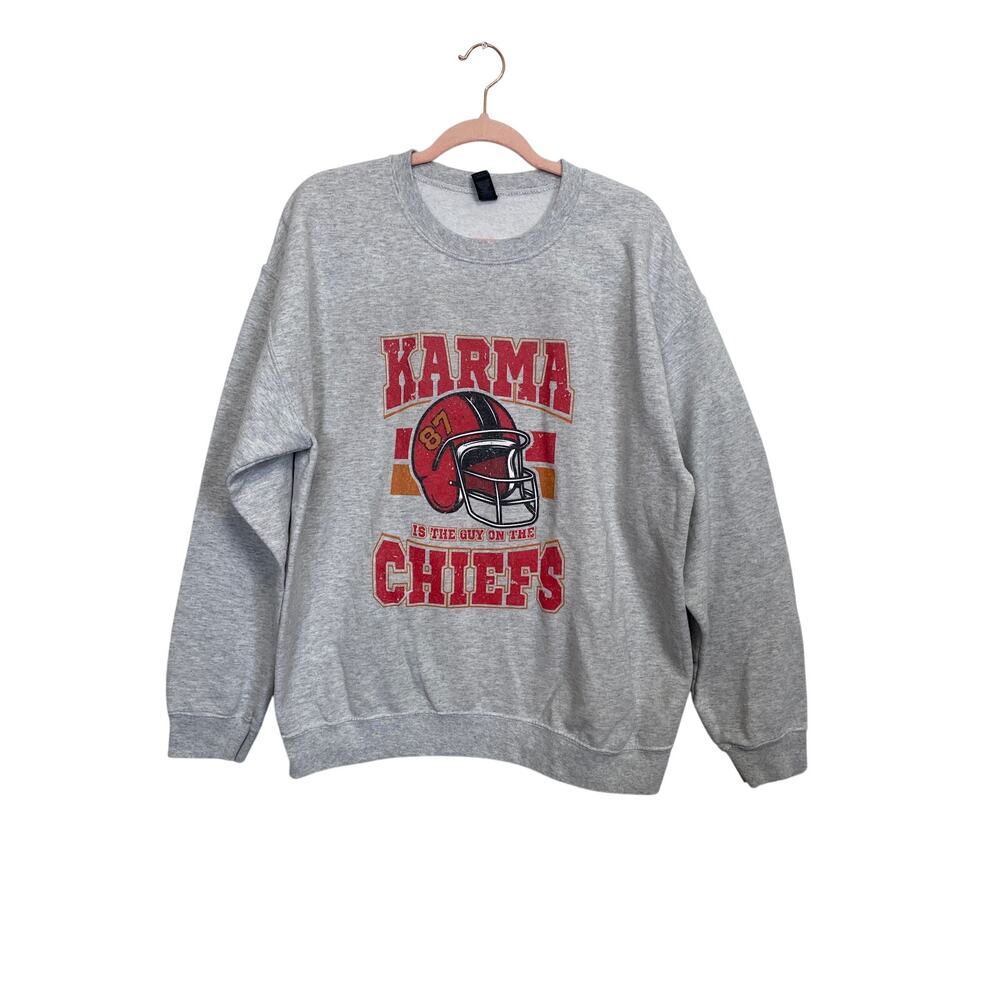 Gildan Grey Karma is the Guy On The Chiefs Crewneck Sweatshirt Unisex L